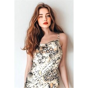 JOA Slip Dress Size Small Animal Print Halter Open Back Sleeveless Satin  Tan